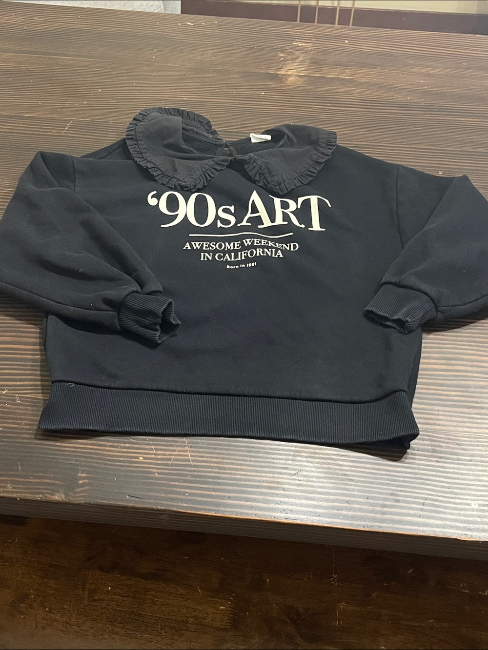Zara Black Sweatshirt with White '90s ART Graphic and Ruffled Collar